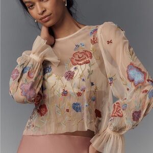 Anthropologie Layla Long Sleeve Appliqué Mesh Blouse